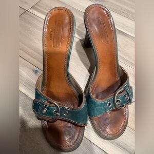 Coach vintage Chic Leather Open-Toe Heels - Teal and Brown 3”heal